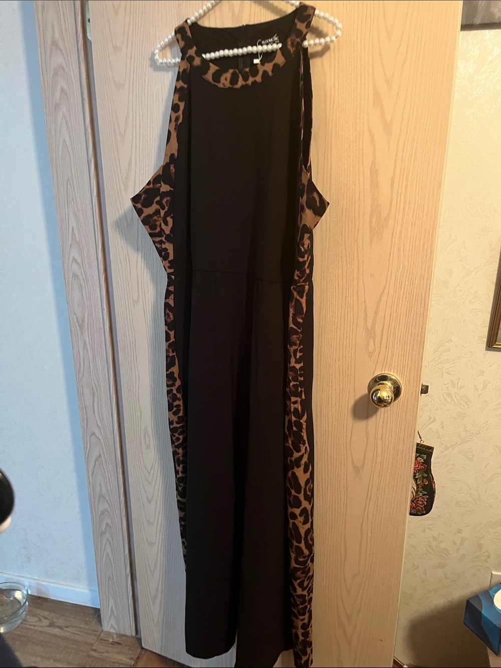 BloomChic Black Wide-Leg Jumpsuit with Leopard Trim